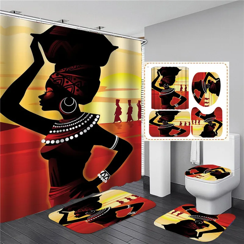 vintage african woman shower curtain set bathroom curtains bath carpet anti slip mats doormats soft toilet rugs home decoration free global shipping