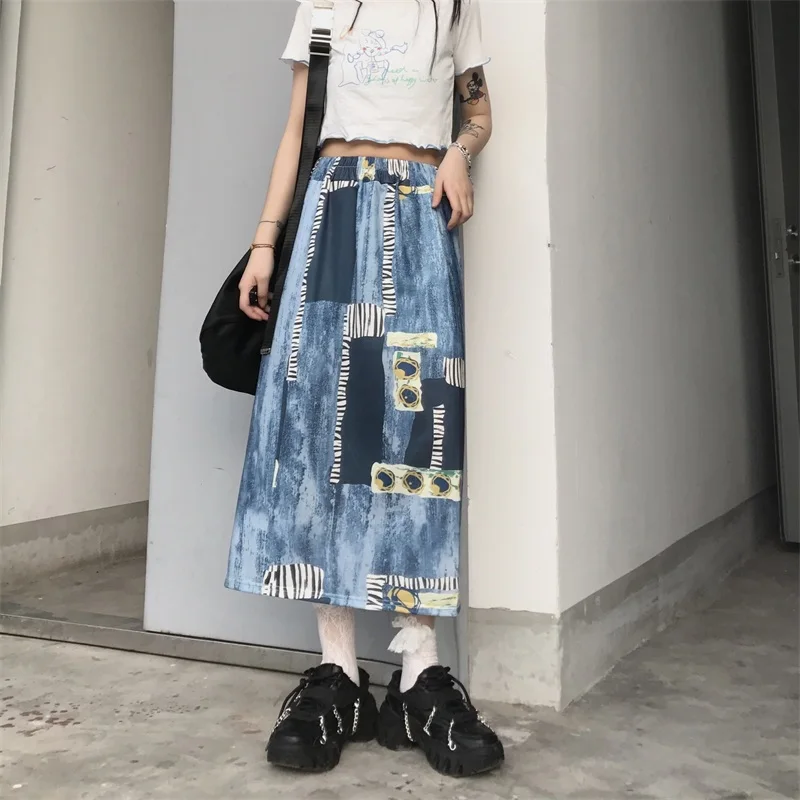 

Harajpoo Women Skirts High Waist Female Summer Korean Version Ins Retro Loose Ink Striped A-line Wild Thin Mid-length Skirt