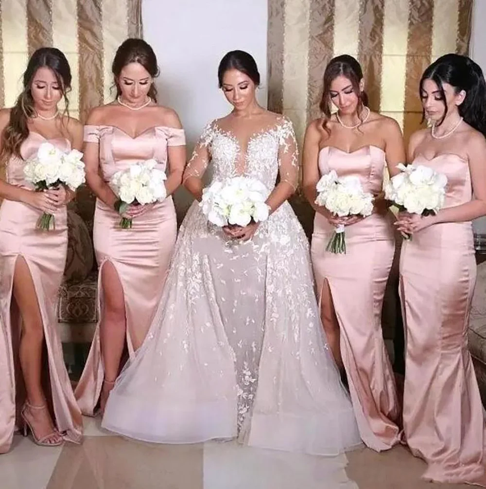 

Bridesmaid Dresses Custom New Satin Wedding Party Events Trumpet Mermaid Off-Shoulder Sleeveless Split Front/Side NONE Train