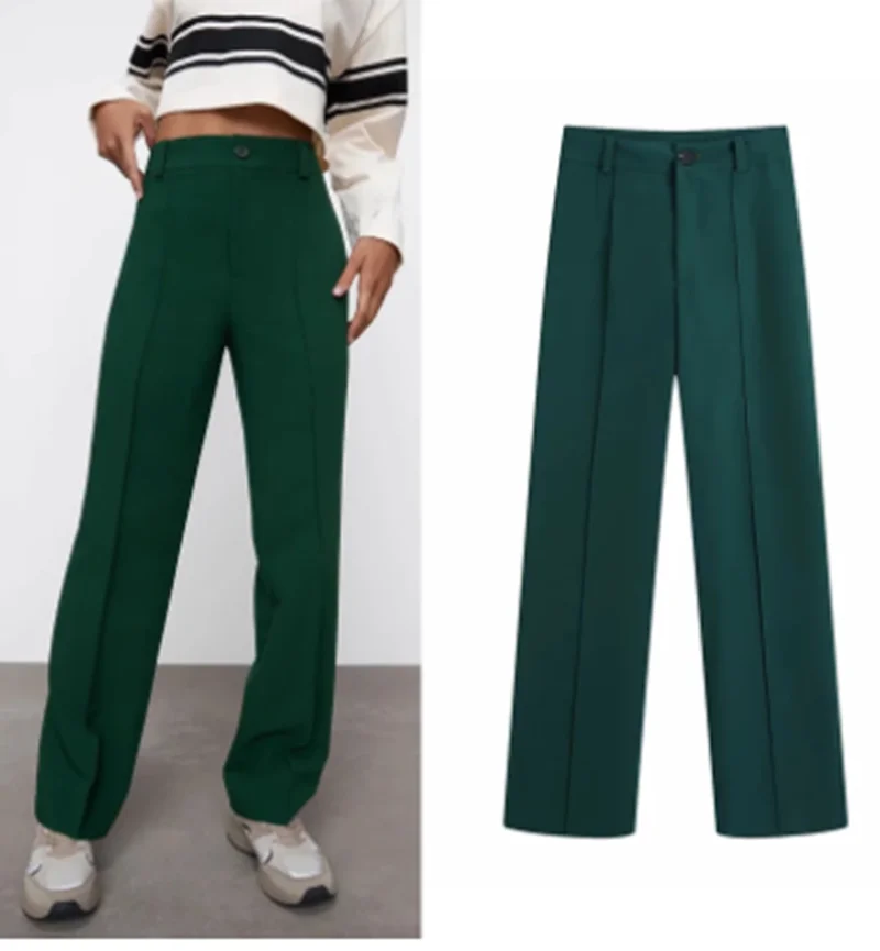 

Za 2021 Green High Waist Women Pants Fashion Width Leg Up Trousers Straight Pants Button Fly Office Elegant Female Pants bb1133