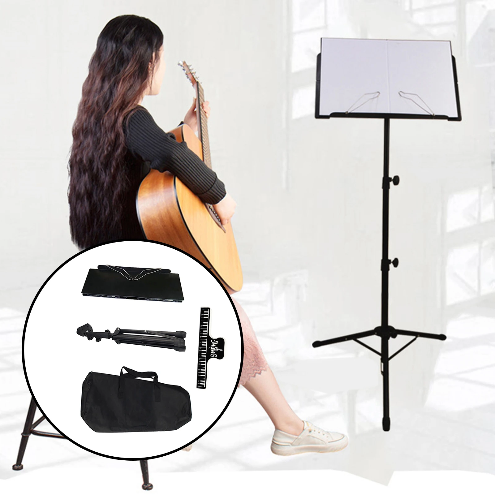 

Professional Sheet Music Stand Height Tripod Base Lightweight Compact Easy and Convenient to Carry Height from 26" to 53"