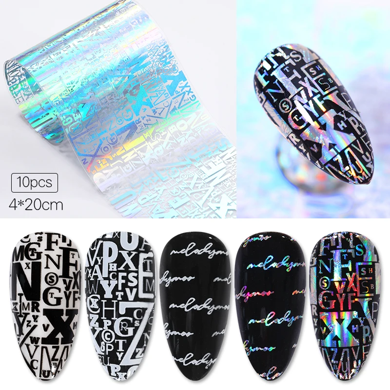 

10 Pcs Laser Pattern Nail Foil Stickers Black And White Pattern Nail Art Transfer Stickers Decals Decoration With Laser Effect