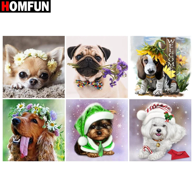 

Алмазная живопись HOMFUN, вышивка крестиком «животные, собака, цветок», полноразмерная, круглая, для творчества, 5d, алмазная вышивка