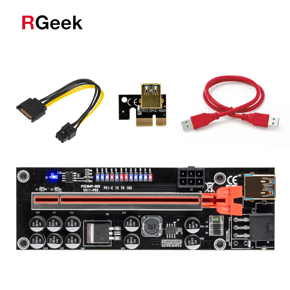 

RGEEK 1/5/10 шт. Модернизированный PCIE Riser 011 010s Pro Plus PCI-E 16X Райзер для видеокарты конденсатор для биткоина Mining10