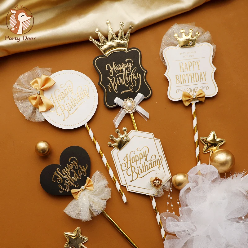 

Black White Happy Birthday Party Cake Supplies Wedding paper Crown Cake Topper Birthday Decorations