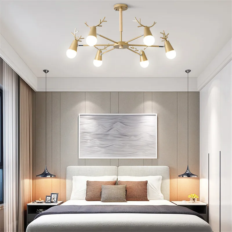 Люстра рога из кованого железа + твердая древесина гостиная спальня лампа