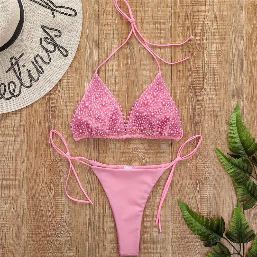 Sexy Faux Pearl Bikini Set Luxury Full Rhinestone Two Pieces Bra Wear Women 2020 Bling Elastic Bandage Diamond Underwear Bras