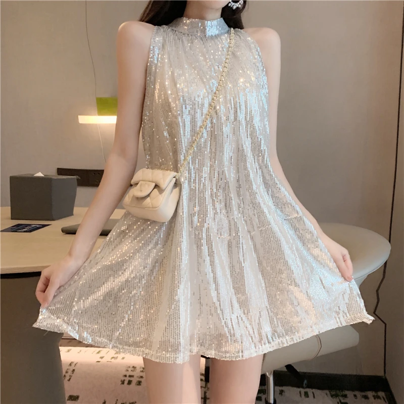 

Retro Sequins Sleeveless Dress French Fairy OL Mesh Spliced A-Line Halter Dress Beaded Vestidos Rhinstone Party Bodycon Dress