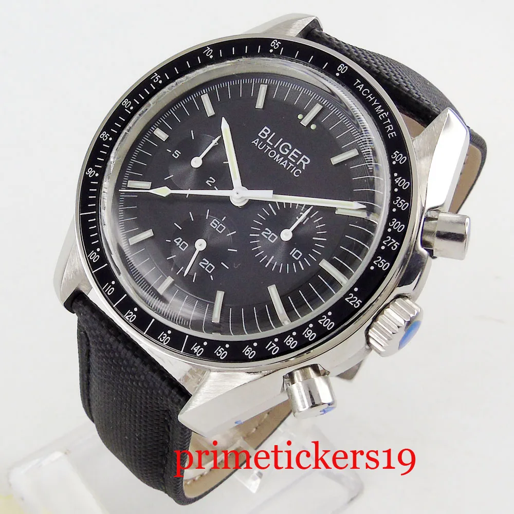 

Luxury new 40mm black dial week & date arched glass polished glasss indicator leather strap Automatic movement men's watch