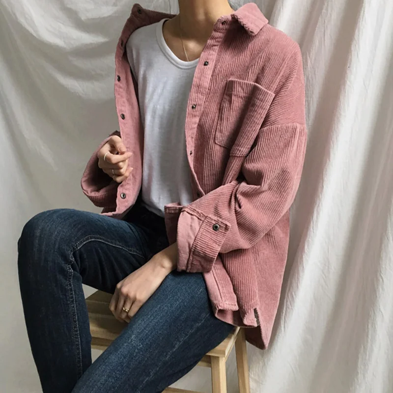 

New 2020 Autumn Winter Pocket Corduroy Women's Shirt Female Blouse Long Sleeve Turn-down Collar Loose Chic Blouses