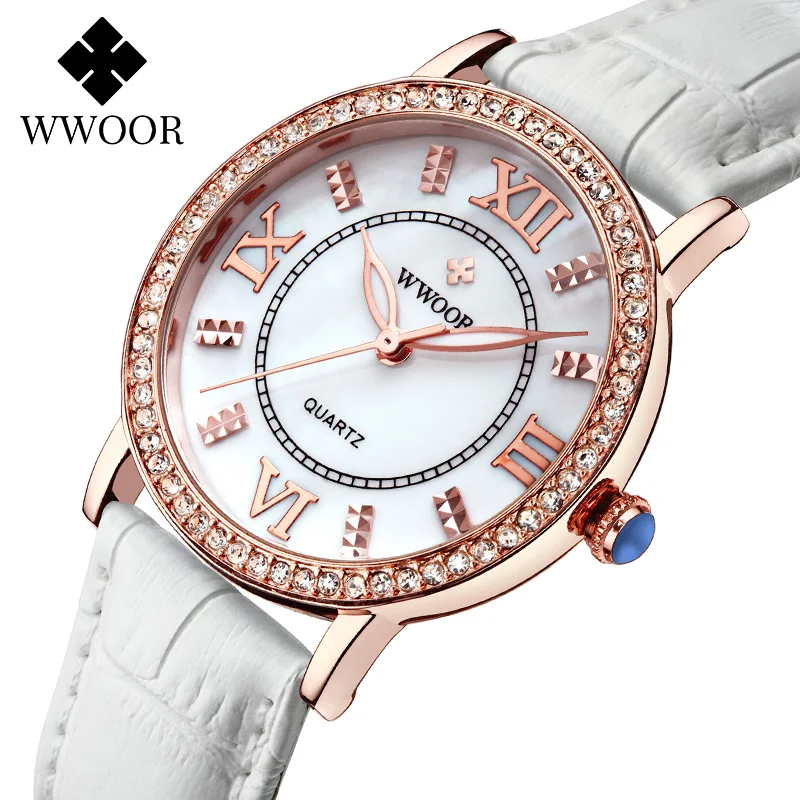 

WWOOR New Luxury Diamond Wristwatch Women Women Casual Watch Fashion White Leather Waterproof Quartz Watch relogio feminino 2020