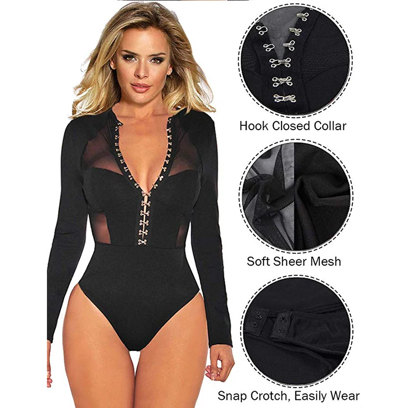 Comeonlover Для женщин прозрачный сетчатый кружевной комбинезон с длинным рукавом