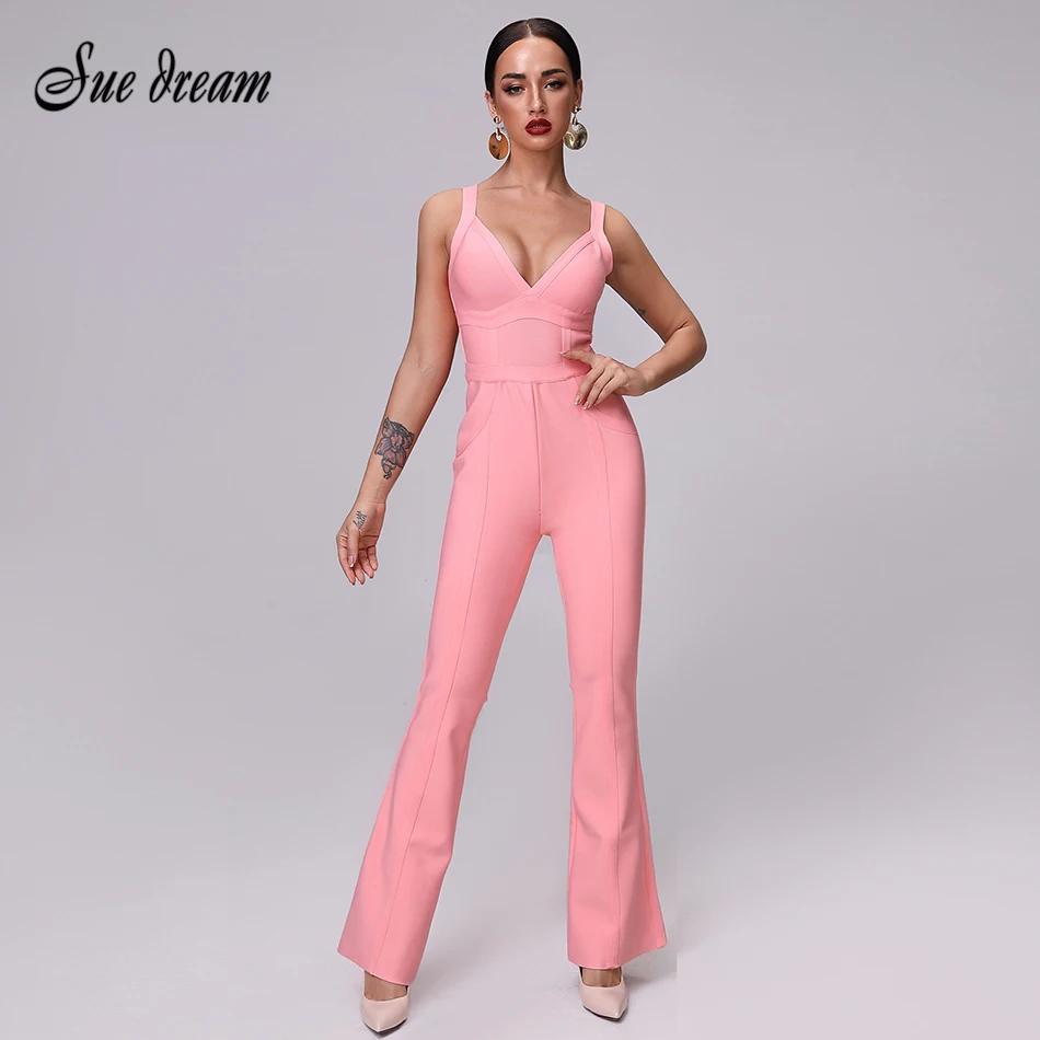 Женский бандажный комбинезон розовый пикантный из вискозы с v образным вырезом