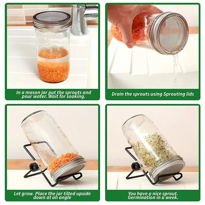 

Sprouting Jar Mesh Lids Kit - 4 Pcs Sprouting Lids Stainless Steel Screen 2 Sprouting Stands Pack Foldable Adjustable