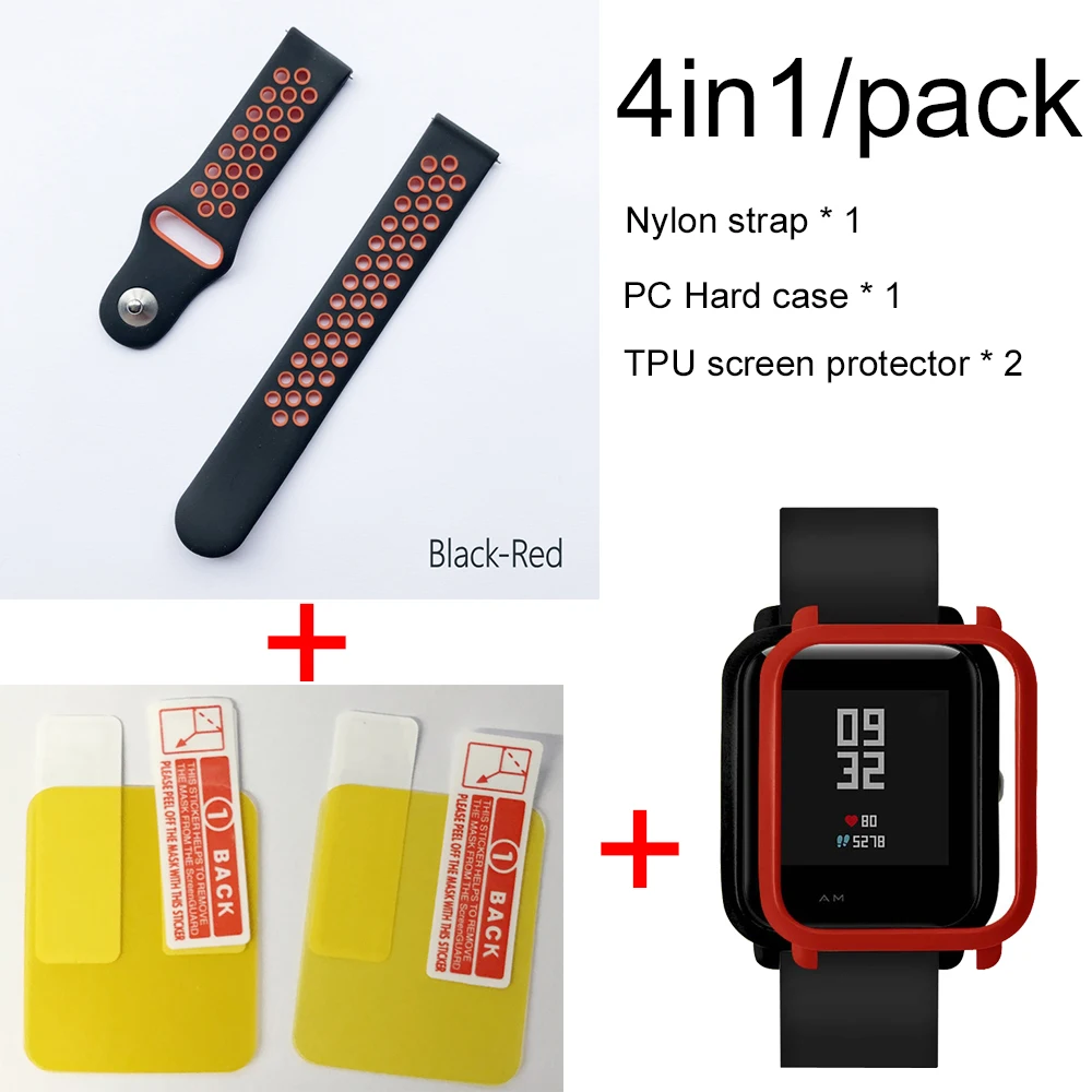 black red-red case 4в1 для Xiaomi Huami Amazfit ремешок Bip мягкий спортивный браслет из силикона Smartwatch Браслет с PC чехол Защита экрана - Цвет: black red-red case