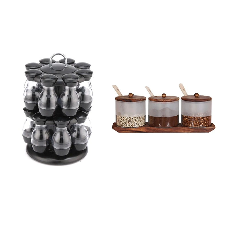 

1 Set 360 Rotating Spice Jar Rack Kitchen Cruet Condiment Bottle & 1 Set Spice Jar Glass Sugar And Salt Storage Jar
