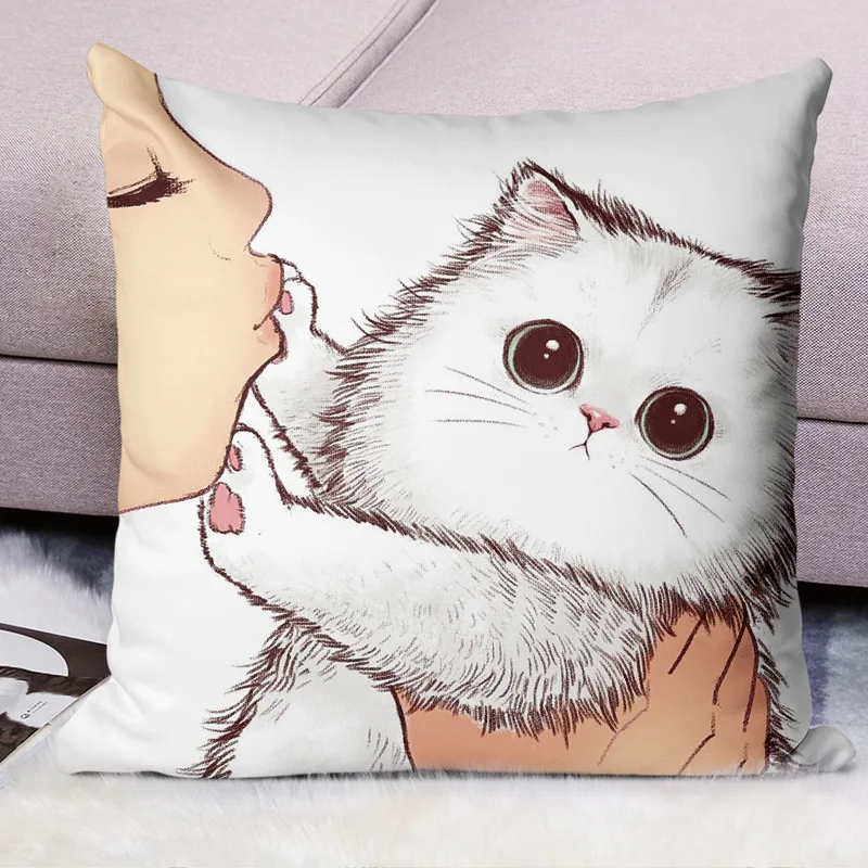 

Double Sided Pillow Case Cartoon Cat Pattern Soft 45*45CM Creative Plush Simple Modern Household Decoration Cushion Cover 2021