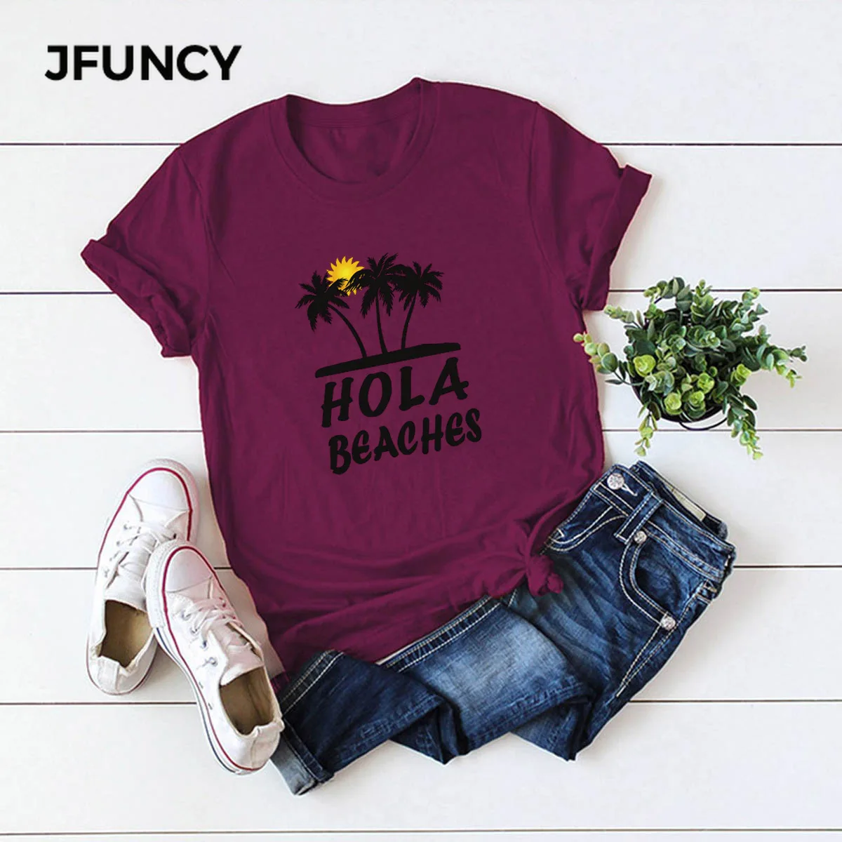 JFUNCY женские футболки Hola пляжи Кокосовая пальма принт Женская хлопковая Футболка Harajuku женские рубашки верхняя одежда Camiseta Mujer