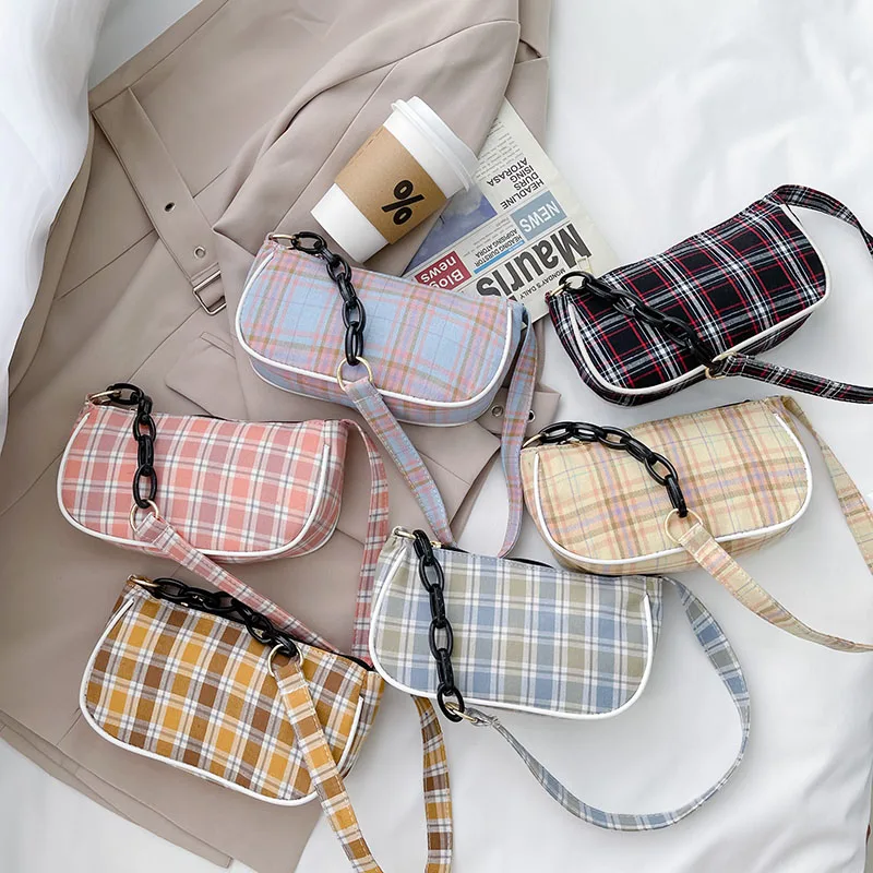 

Lattice Underarm Bags for Women 2021 Ladies Soft Canvas Baguette Handbags Fashion Design Girls Simple Shoulder Bags New Arrival