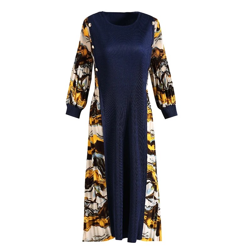 

Plus Size Dress Spring Women 2021New Fashion Printed Patchwork Round neck Loose Stretch Miyake Pleated Dress For Women 45-75kg