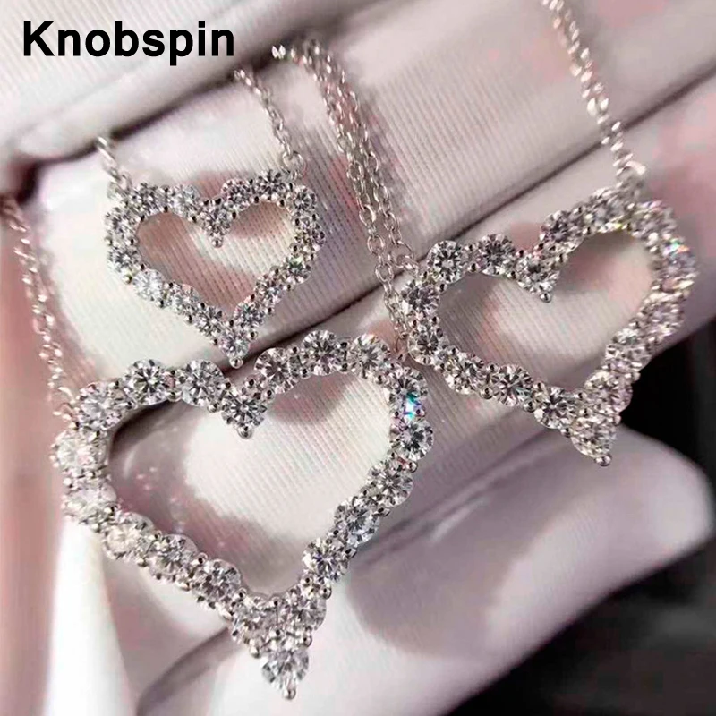 

Knobspin 100% 925 Sterling Silver 14/19/25MM Heart Shaped Full 5A Zircon Stones Pendant Necklaces Fine Jewelry Woman Girl Gift