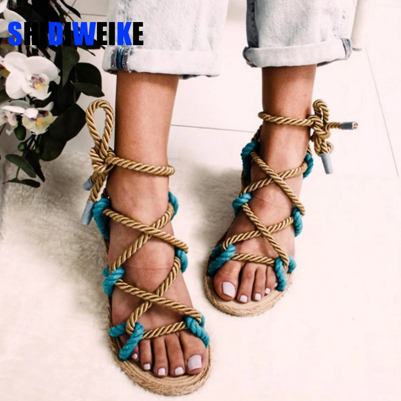 Сандалии женские из пеньковой соломы плоская подошва открытый носок