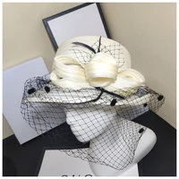 fashion european net hat spring and summer straw hats bow flower elegant fairy caps net half cover fashion top cap