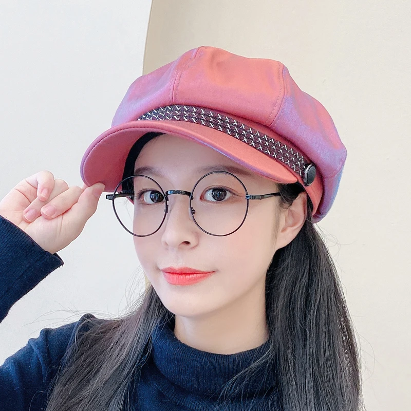 Новинка 2020 модный осенний берет шапка Женские глянцевые Восьмиугольные шапки