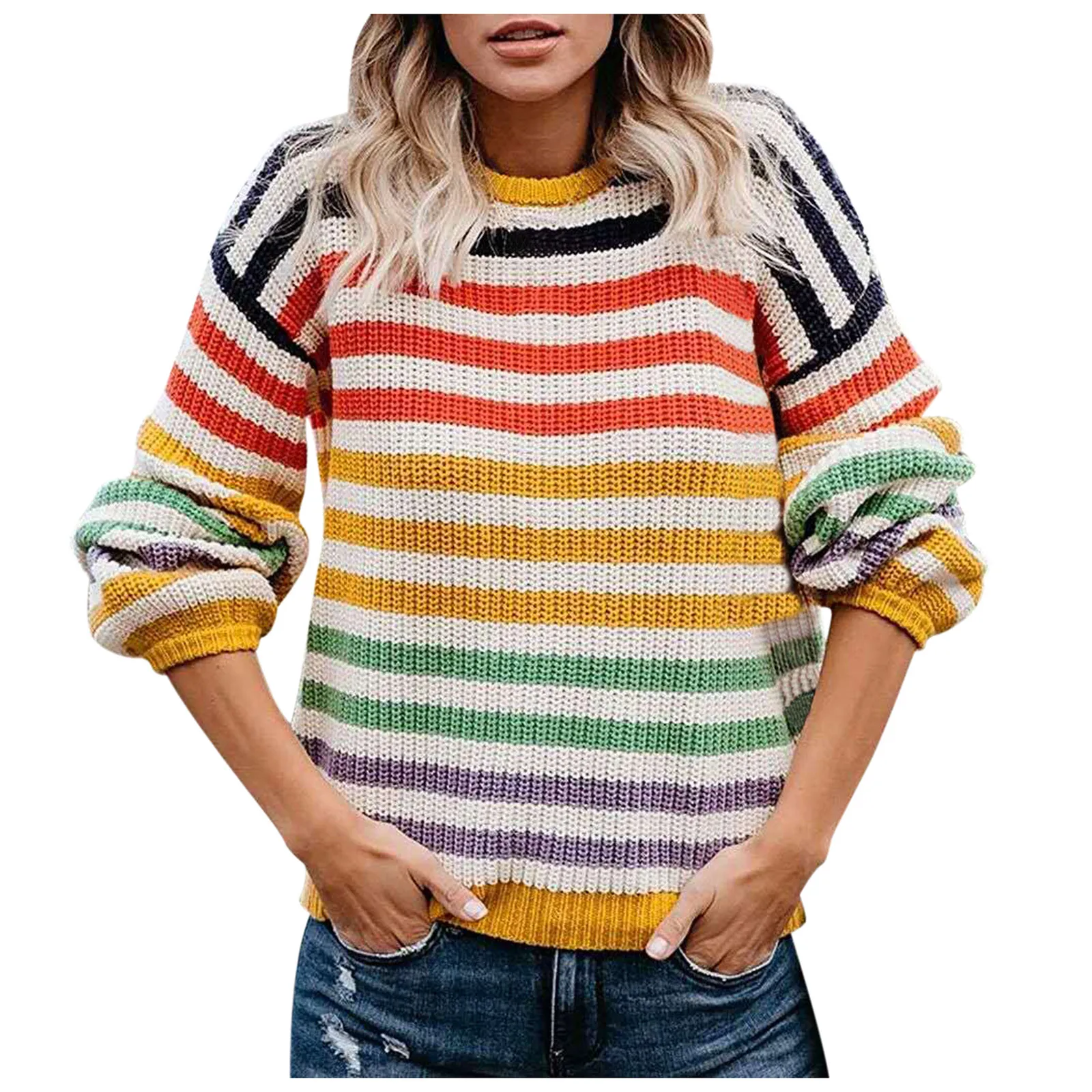 

Ladies sweater rainbow striped long-sleeved knitted sweater women's striped round neck knitted sweater 40*