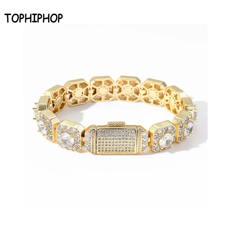 

TOPHIPHOP 13mm Rectangular Bracelet Miami Cuban Chain Ice Out Zircon Bracelet Men's Hip Hop Fashion Accessories Jewelry Gift