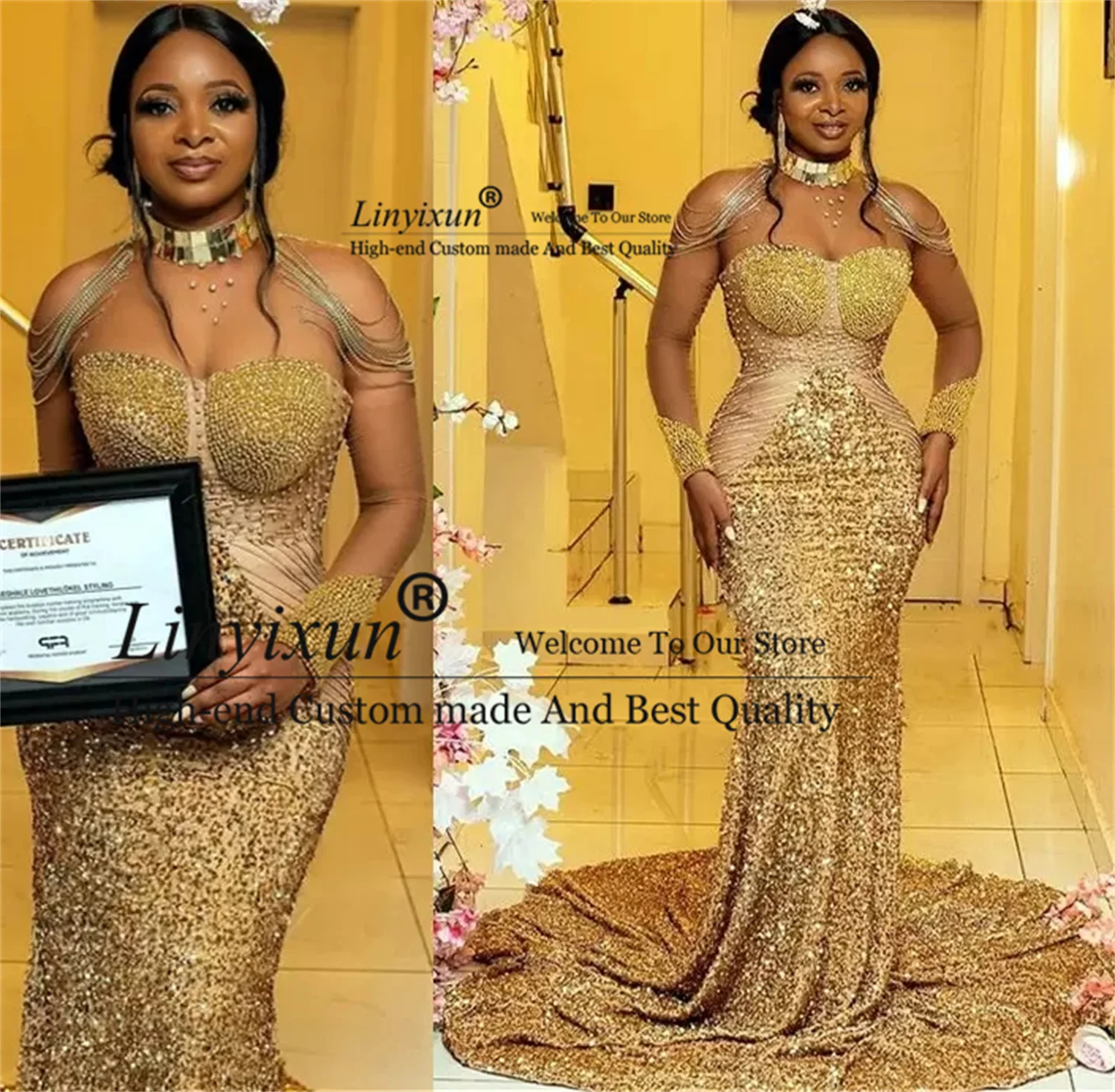 

Luxurious Gold Mermaid Prom Dresses Sheer Neck Beaded Sequined Arabic Aso Ebi Long Evening Party Gowns Plus Size robes de soirée