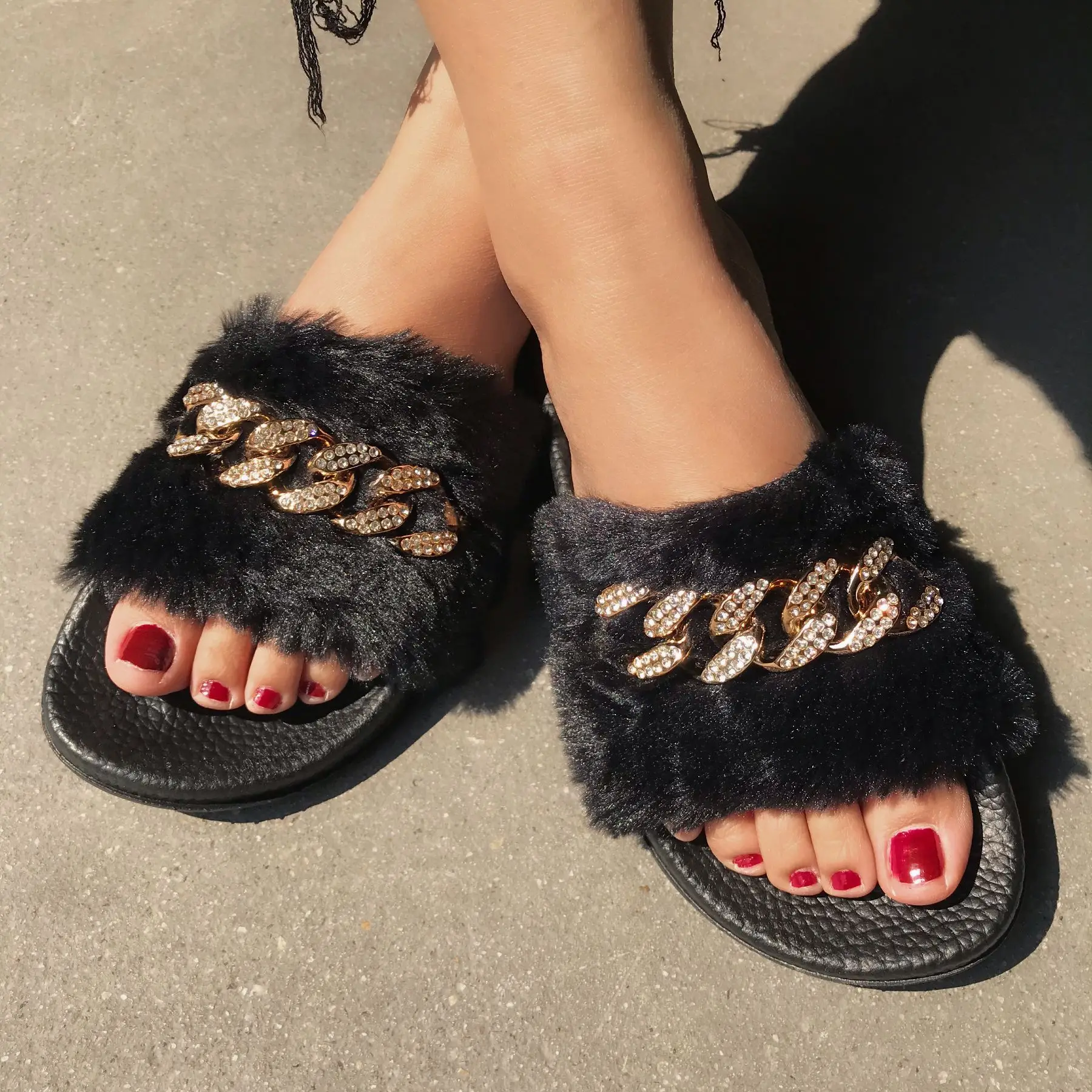 New Autumn Plush Slippers Fashion Open Toe Solid Color Women's Sandals Metal Chain Outdoor Casual Women's Shoes Plus Size