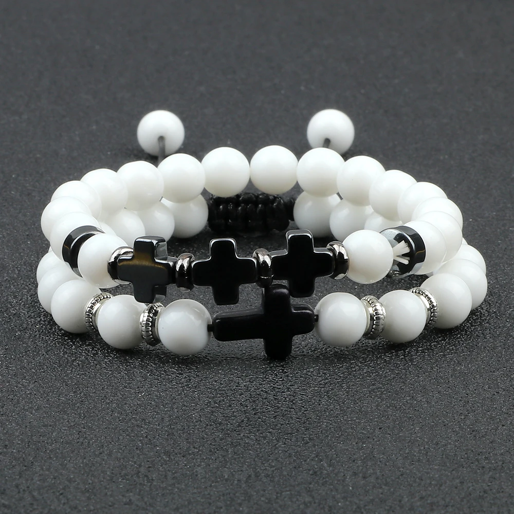 

2pcs/set Cross Men Beaded Bracelets Natural Classic Stone Yoga engery Bangles&Bracelets Charm Jewelry for Men Best Friends Gifts