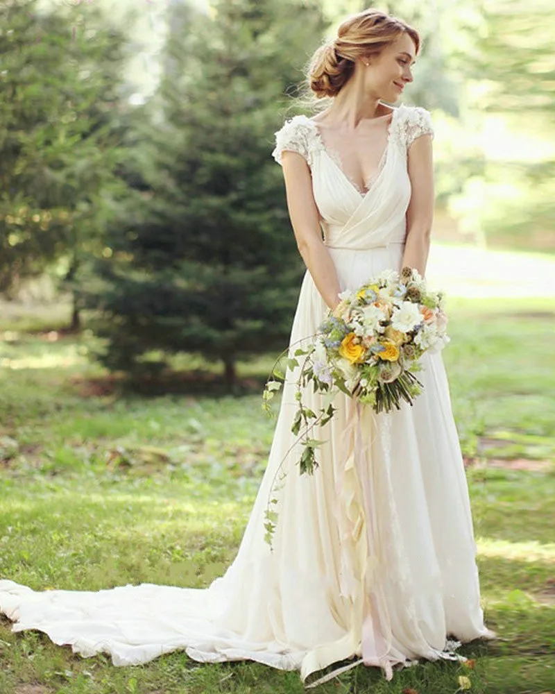 

Classic V-Neck Wedding Dresses short sleeves ivory Champagne A-line Appliques Floor Length Vestidos De Noiva 2020 Bridal Dresses