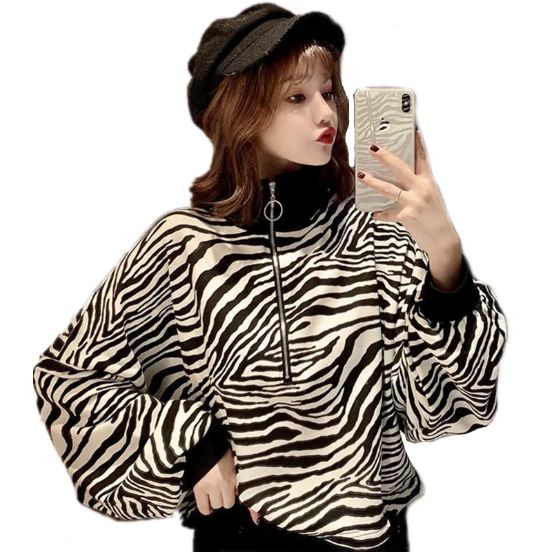 

Autumn Casual Zebra Striped Print Hoodies Women Short Zipper Turtleneck Sweatshirt Drop Shoulder Full Sleeves Pullover Tops