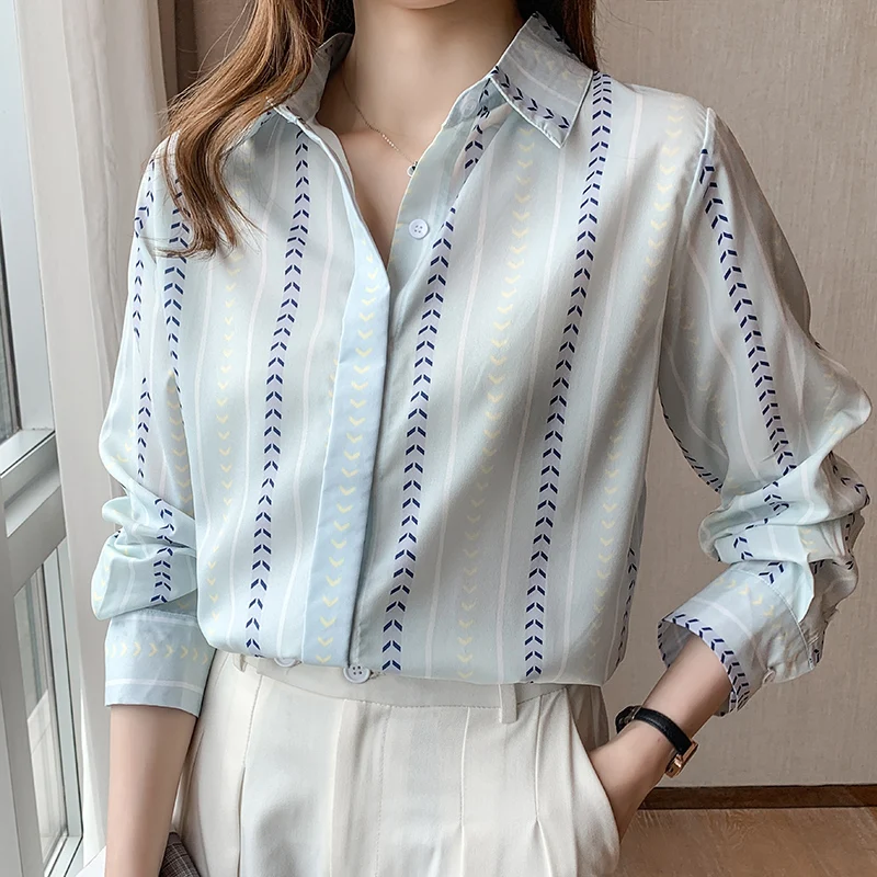 

Satin Loose Women's Blouse New Fashion Stripe Polo Shirt Autumn Casual Long Sleeve Top Houthion