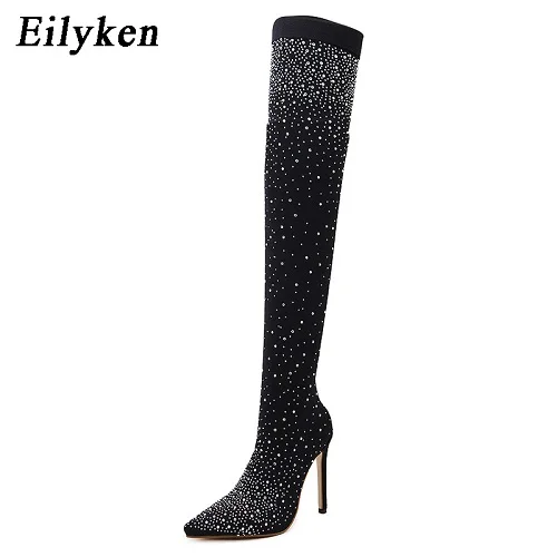 Black 12CM Eilyken/ г. Модные Подиумные Клубные ботинки с кристаллами стелька из эластичной ткани женские ботфорты с острым носком на каблуке 7, 12 см - Цвет: Black 12CM