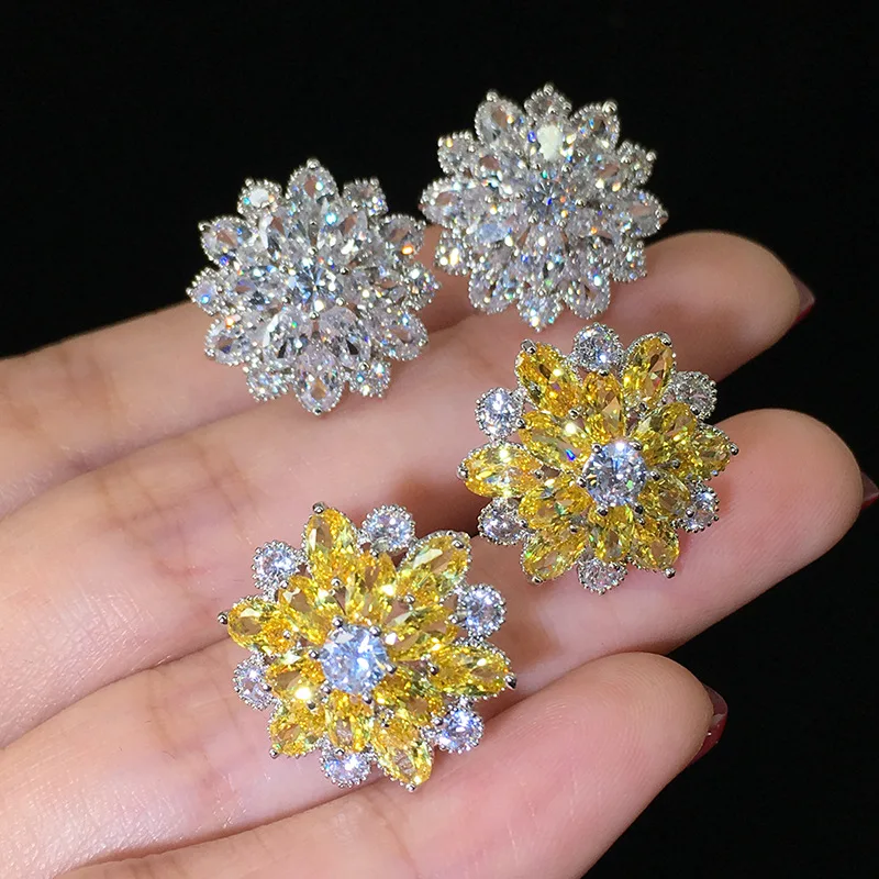 

High Quality Luxury Zircon Flower Earrings Female Sweet and Lovely Clear White Yellow Crystal Earrings Wedding Earrings Jewelry