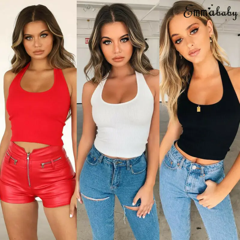 Женский укороченный топ без рукавов жилет с открытой спиной майка халтер топы