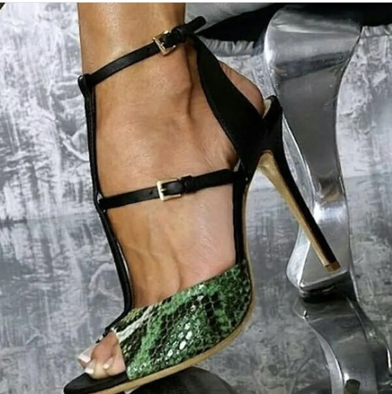 

Green Blue Snakeskin High Heel Pumps Women Thin Buckle Strap Stiletto Heel Patchwork Party Shoes Street Outfit Python Footwears