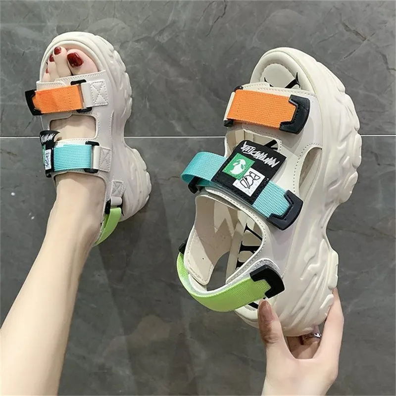 

Summer New Mixed Colors Chunky Platform Women Sandals Sport Style Wedge Heel Beach Shoes Thick Bottom Gladiator Girl Shoes