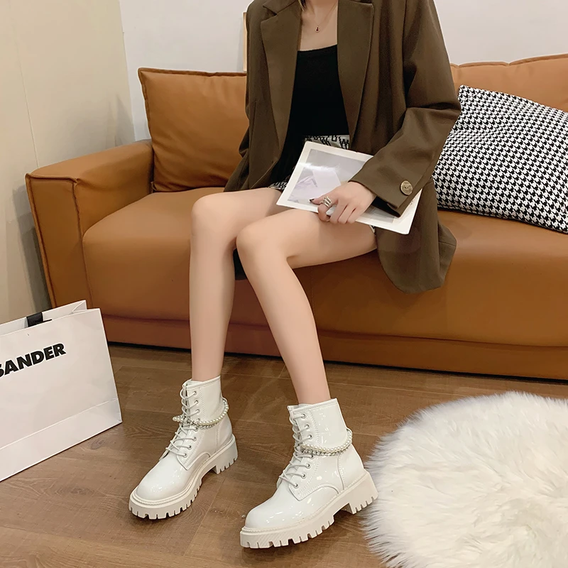 

New Autumn Women's Ankle Boots Flat Heels Lace-up Zippered Round-toe Square Heel Boots Outdoor Non-slip Comfortable Casual Boots