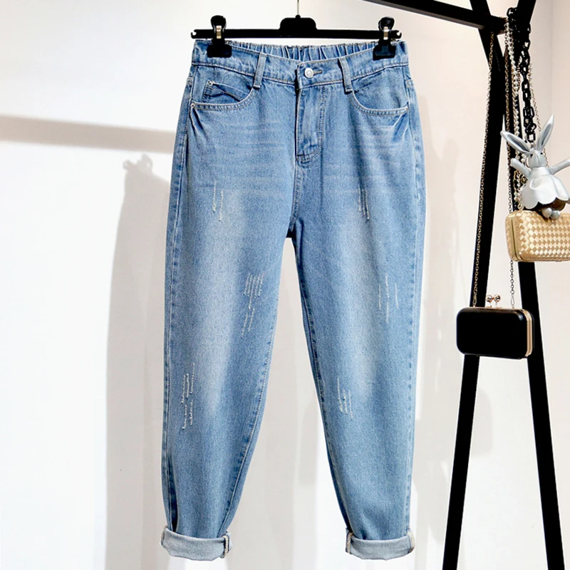 Женские джинсы шаровары с высокой талией свободного размера плюс синие