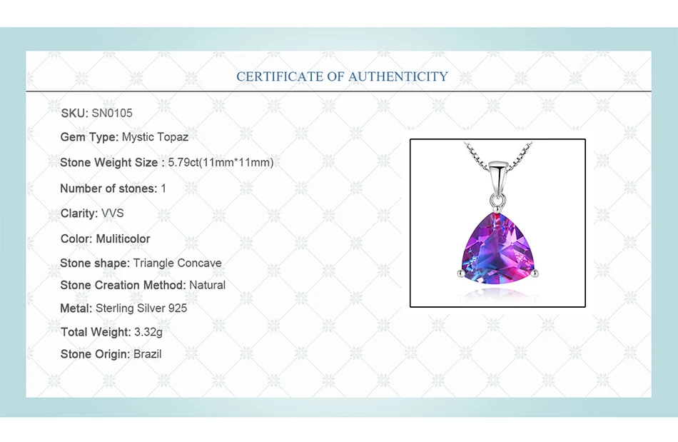 LUOTEEMI ожерелье из стерлингового серебра 925 5.79ct(11 мм* 11 мм) мистический треугольник вогнутой формы многоцветная популярная модная
