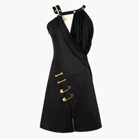 high waist black dresses for women asymmetrical collar sleeveless sexy patchwork metal pin dress female summer tide