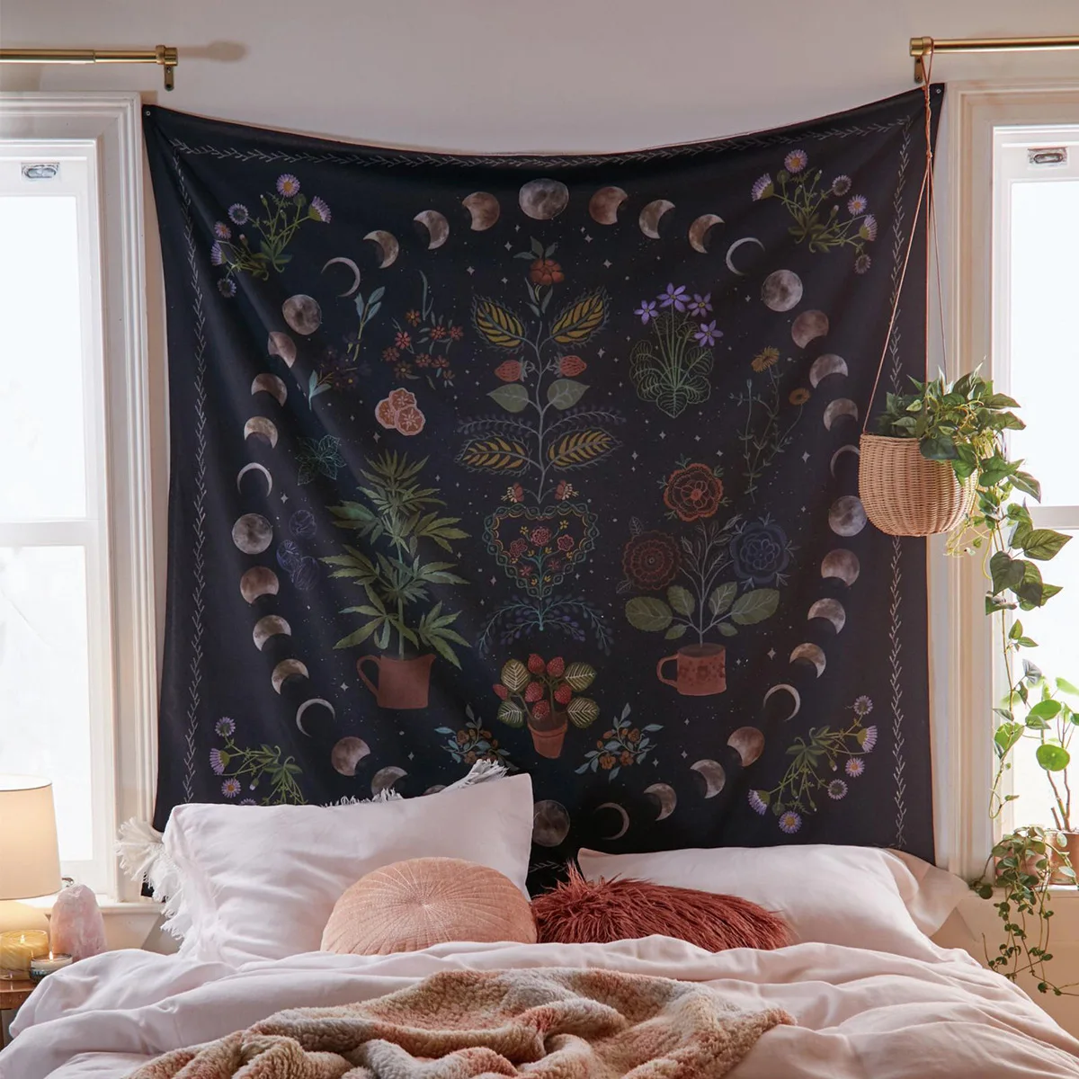 

Moon Phase Tapestry Wall Hanging Botanical Celestial Floral Wall Tapestry Hippie Flower Wall Carpets Dorm Decor Starry SkyCarpet