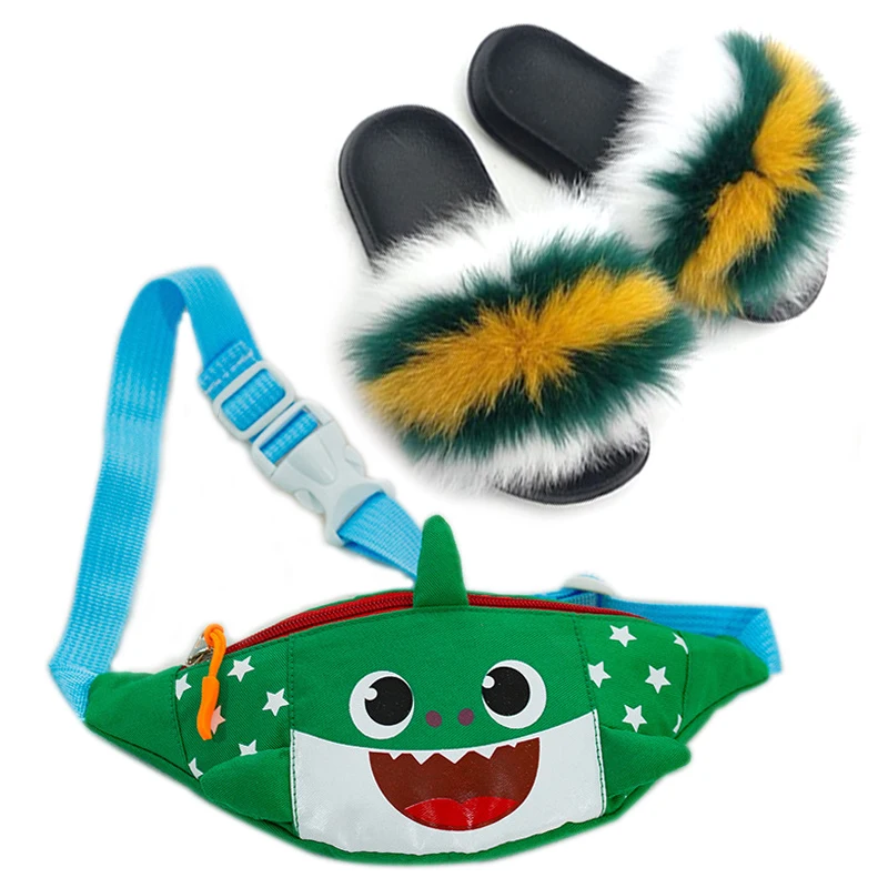 

Baby Slipper For Girls Real Fox Fur Slippers Fluffy Fur Slippers New Cartoon Bag Children's Chest Bag Shark bag Fanny Pack