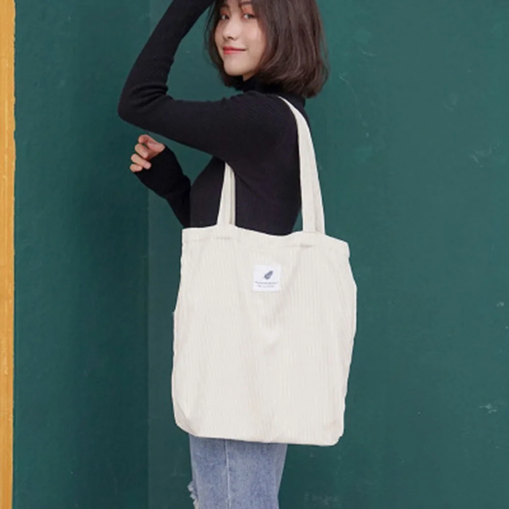 

Storage Handbag Eco-friendly Large Capacity Casual Bag Corduroy Tote Cloth Shoulder Bag With Inner Zipper Pocket