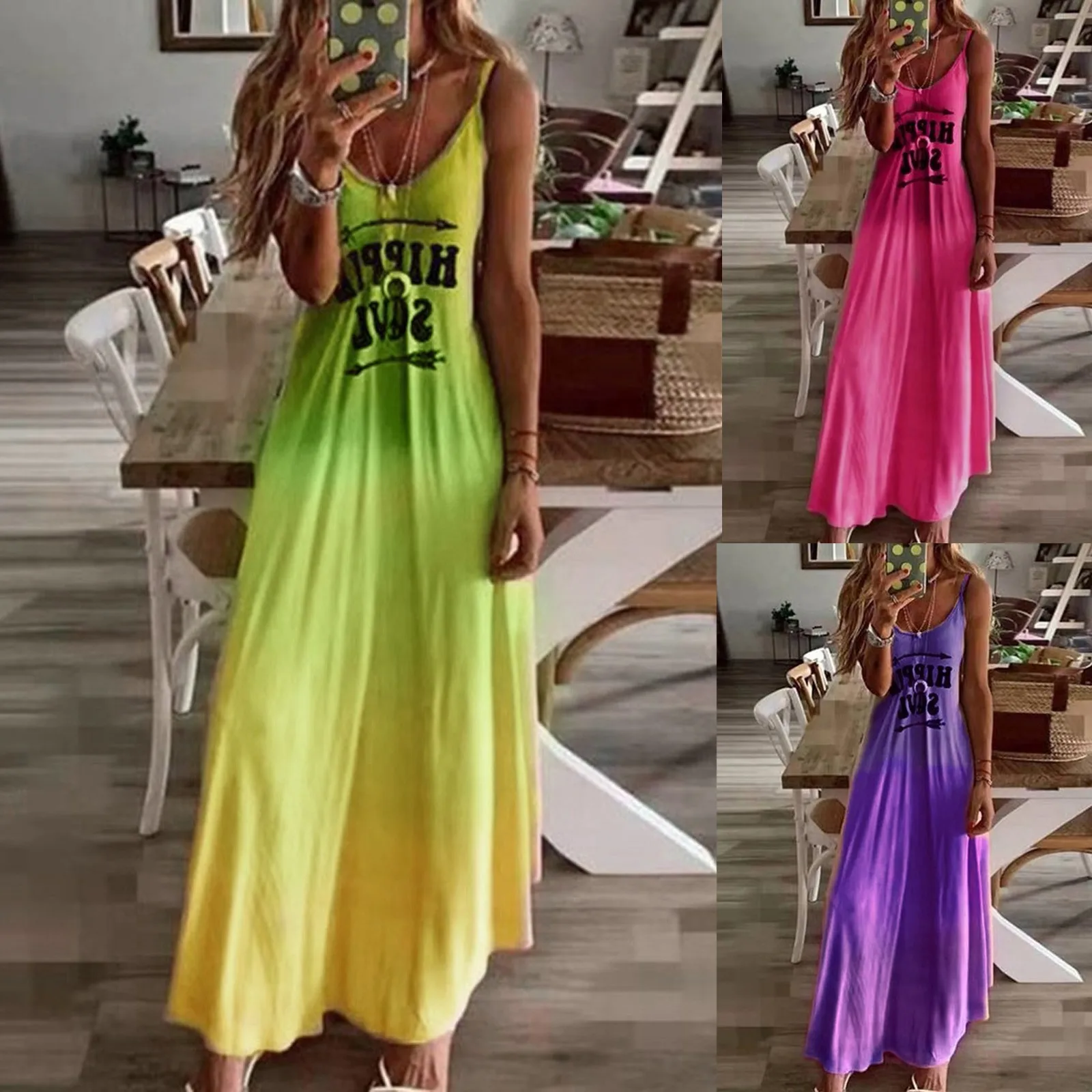 

Women's Gradient Printed Sleeveless Beach Spaghetti Strap Long Dress Ladies Loose Mini Dress Dresses Woman Party Night
