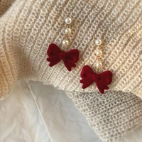 2021 trendy vintage red velvet bow imitation pearl long chain drop earring fashion temperament jewelry for women dangle earrings